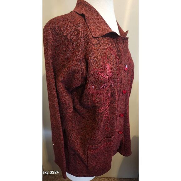 C53 TC Fashion red sweater cardigan floral ribbon & sequin design flower buttons - Picture 5 of 10